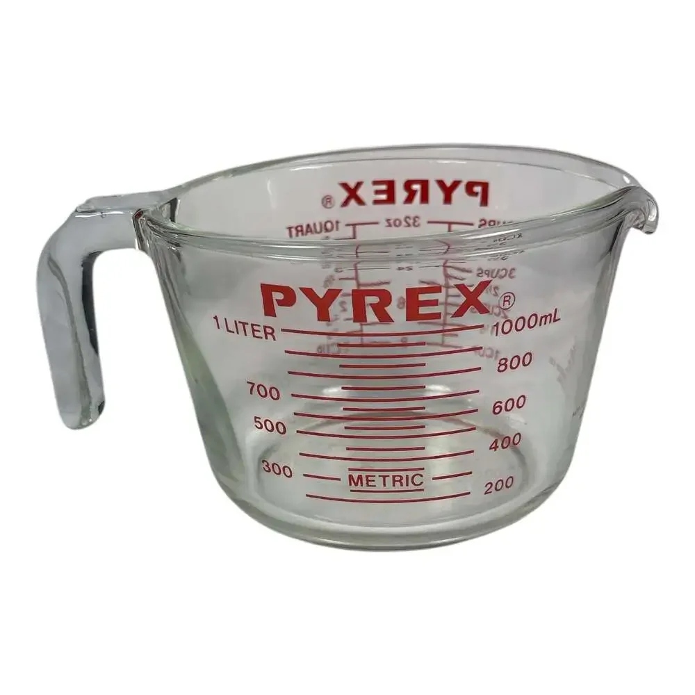 Vintage Pyrex Glass Measuring Cup Red Lettering Open J Handle 4 Cup 1 Quart #532